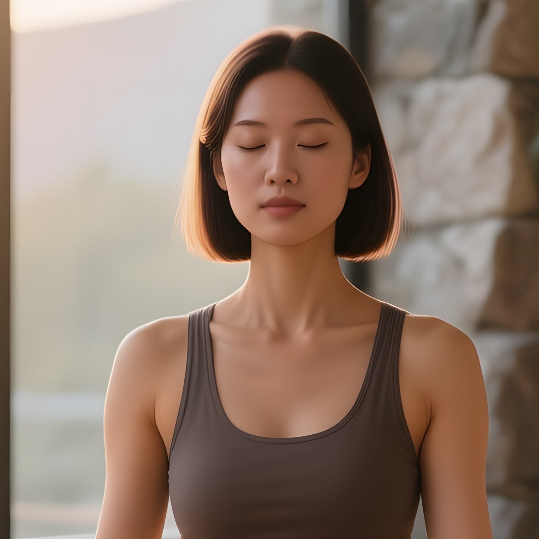 A Yoga Instructor With A Smooth Lob Sits Cross‑Legged On A Bamboo Mat In A Serene Studio, Sunrise - Full Resolution Quality Preview
