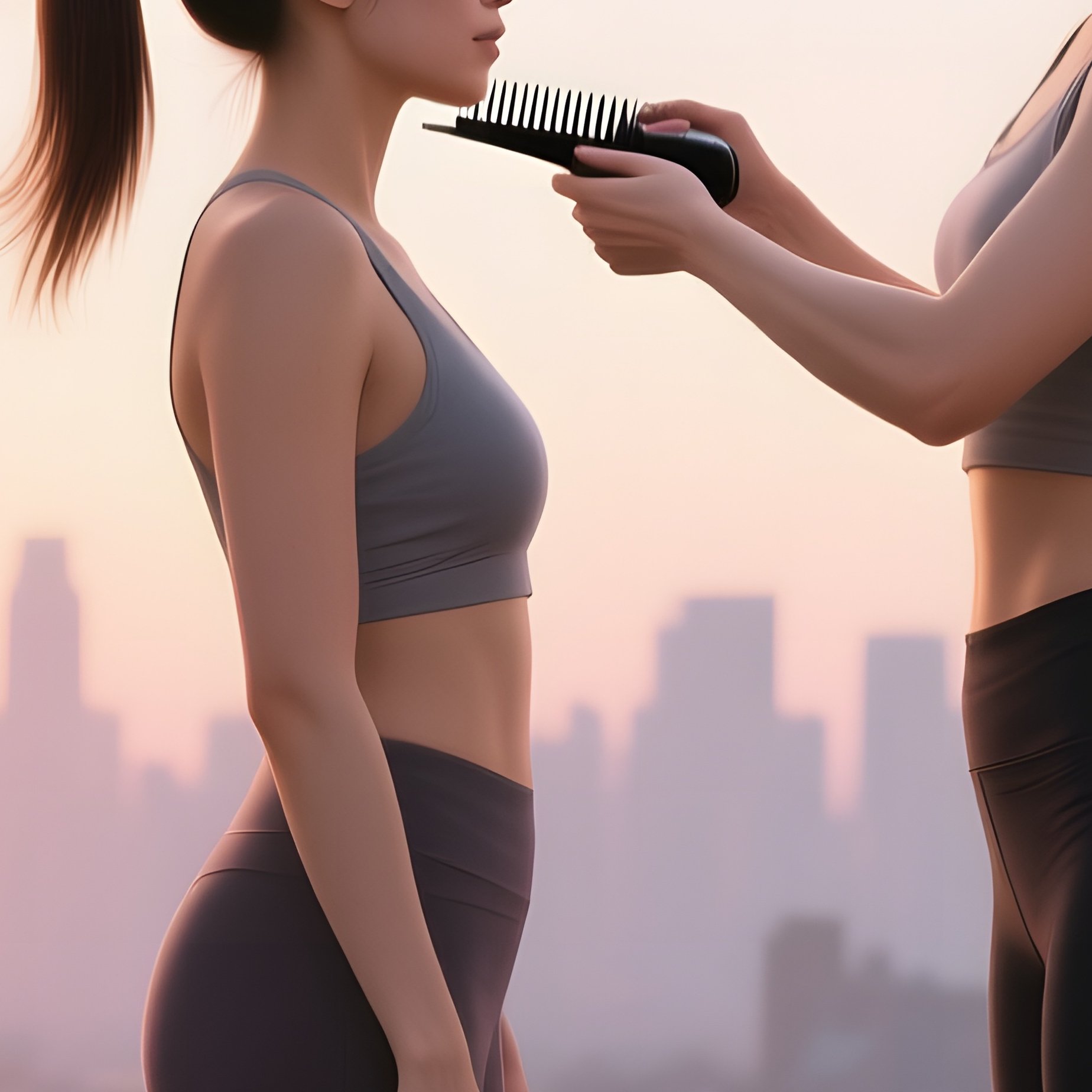 A Yoga Teacher With A High Ponytail Receives A Haircut On A Rooftop Garden At Sunrise, City Skyline - Full Resolution Quality Preview