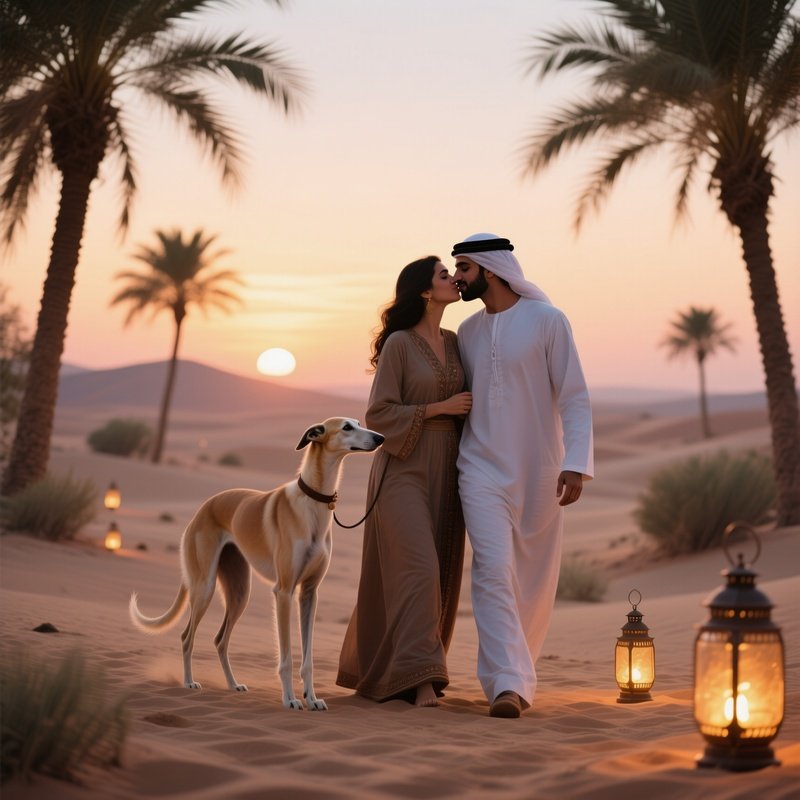 A Young Arab Couple Strolling Through A Desert Oasis At Sunset, Sharing A Tender Kiss With Their