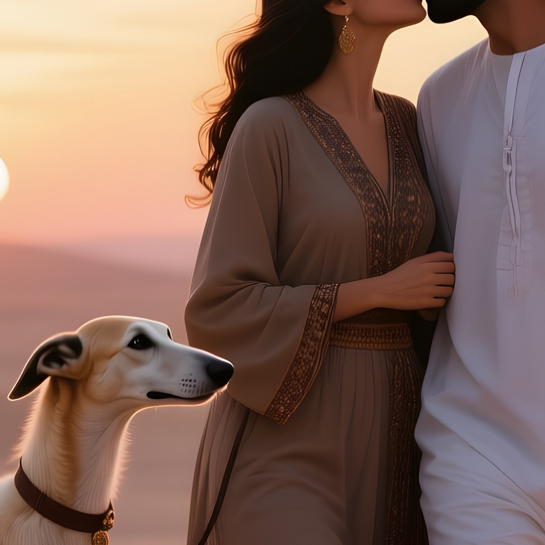 A Young Arab Couple Strolling Through A Desert Oasis At Sunset, Sharing A Tender Kiss With Their - Full Resolution Quality Preview