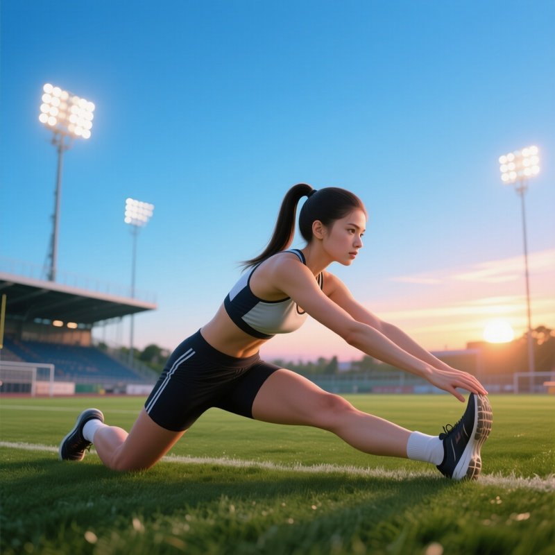 A Young Athlete With A Sleek Ponytail Stretches On A Grassy Field Under A Clear Blue Sky, Stadium