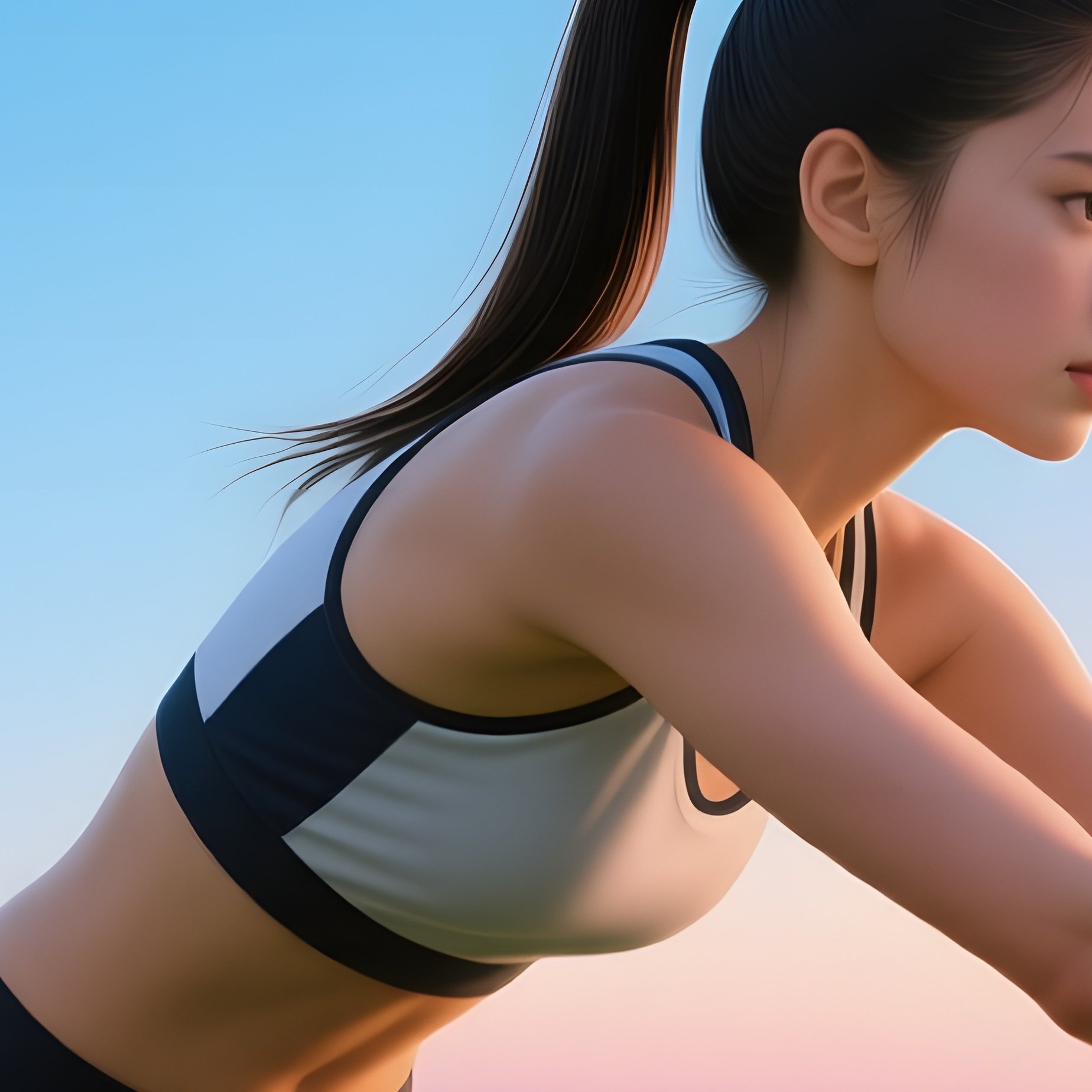 A Young Athlete With A Sleek Ponytail Stretches On A Grassy Field Under A Clear Blue Sky, Stadium - Full Resolution Quality Preview