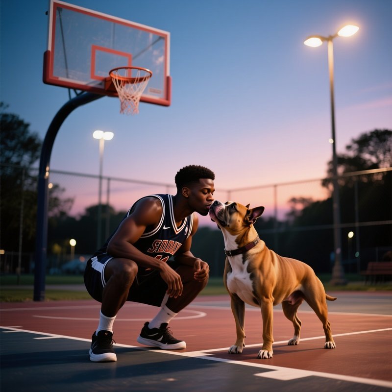 A Young Black Man In A Basketball Jersey Crouching On An Outdoor Court At Twilight, Giving His