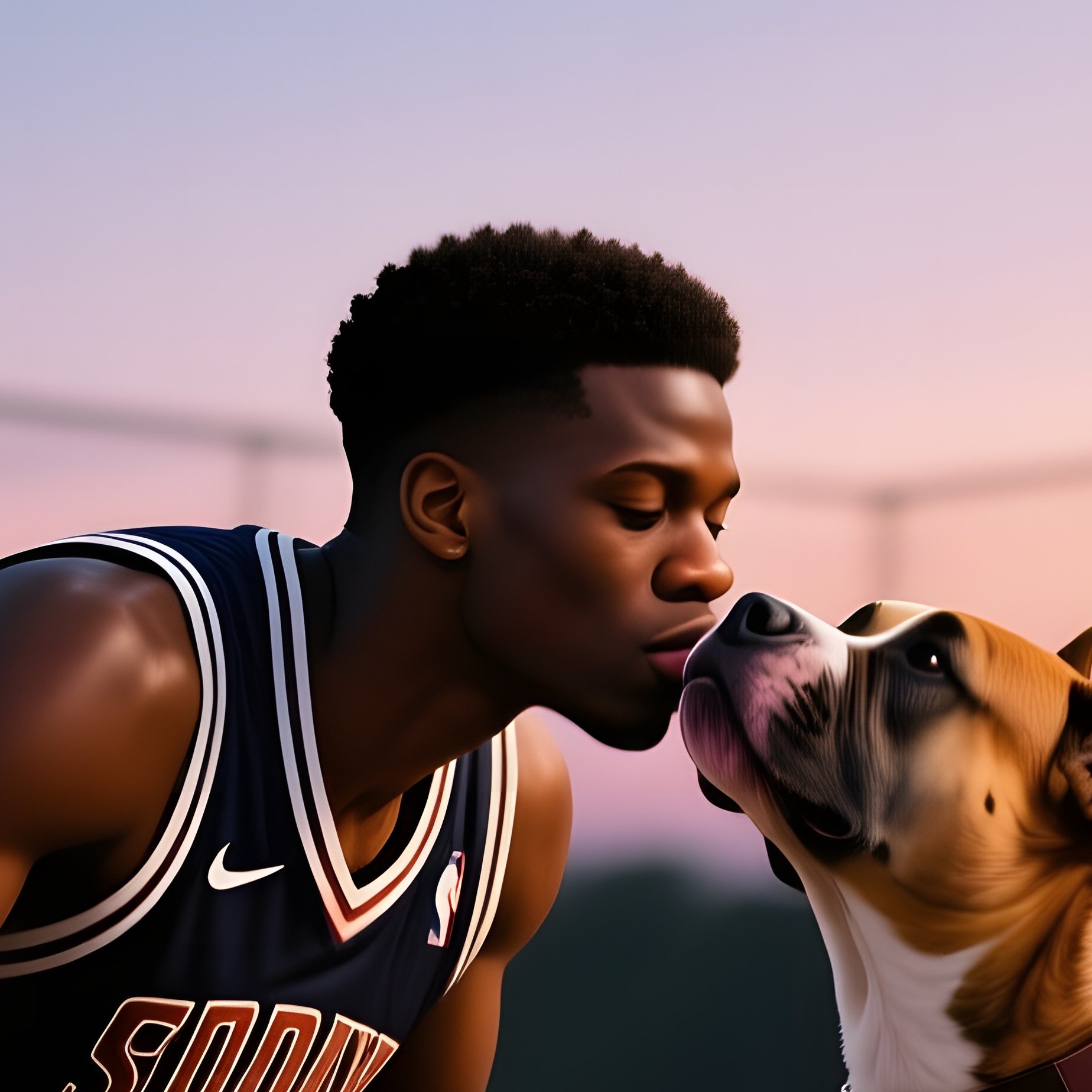 A Young Black Man In A Basketball Jersey Crouching On An Outdoor Court At Twilight, Giving His - Full Resolution Quality Preview