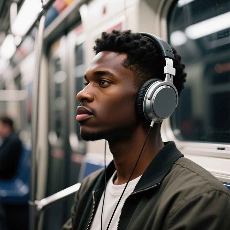 A Young Black Man Listening To Music With Headphones On Public Transport.