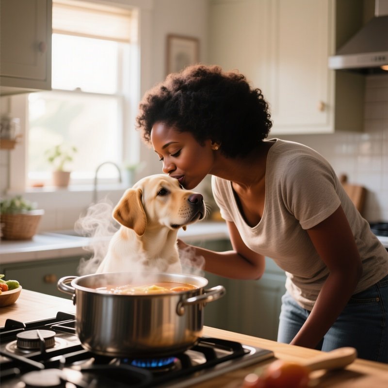 A Young Black Mother In A Cozy Kitchen, Leaning Over To Kiss Her Labrador Puppy’S Head While Steam