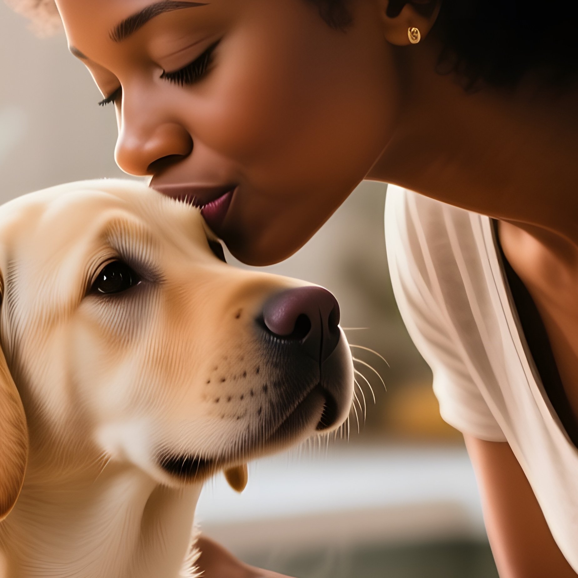A Young Black Mother In A Cozy Kitchen, Leaning Over To Kiss Her Labrador Puppy’S Head While Steam - Full Resolution Quality Preview
