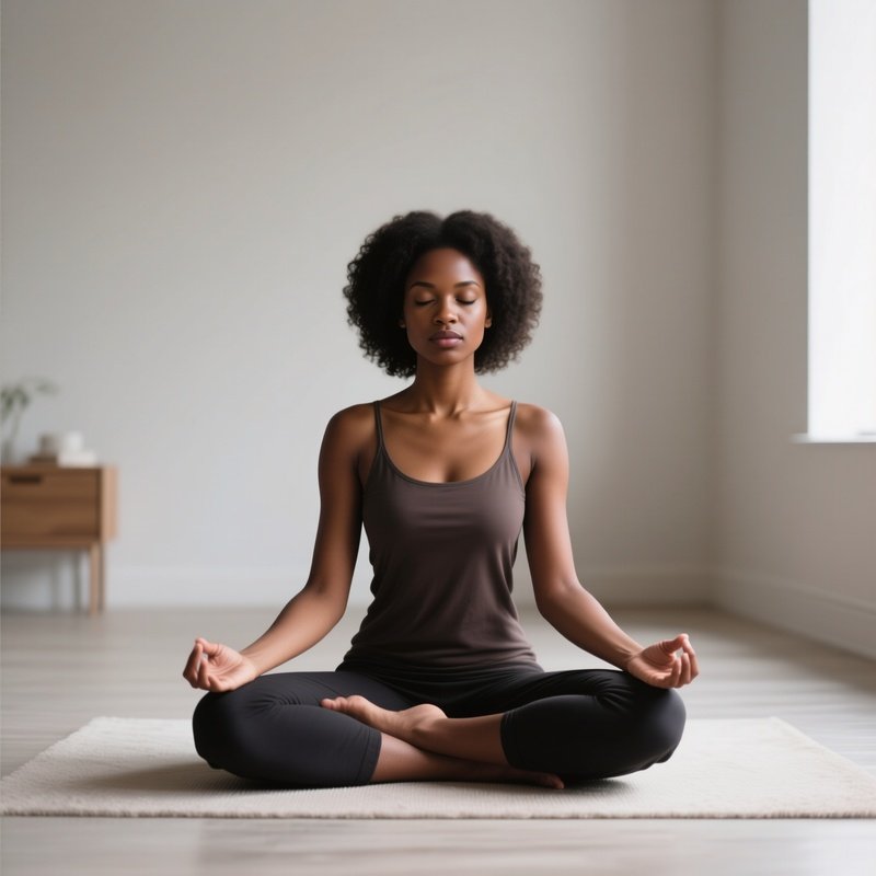 A Young Black Woman Meditating In A Quiet, Minimalist Room.