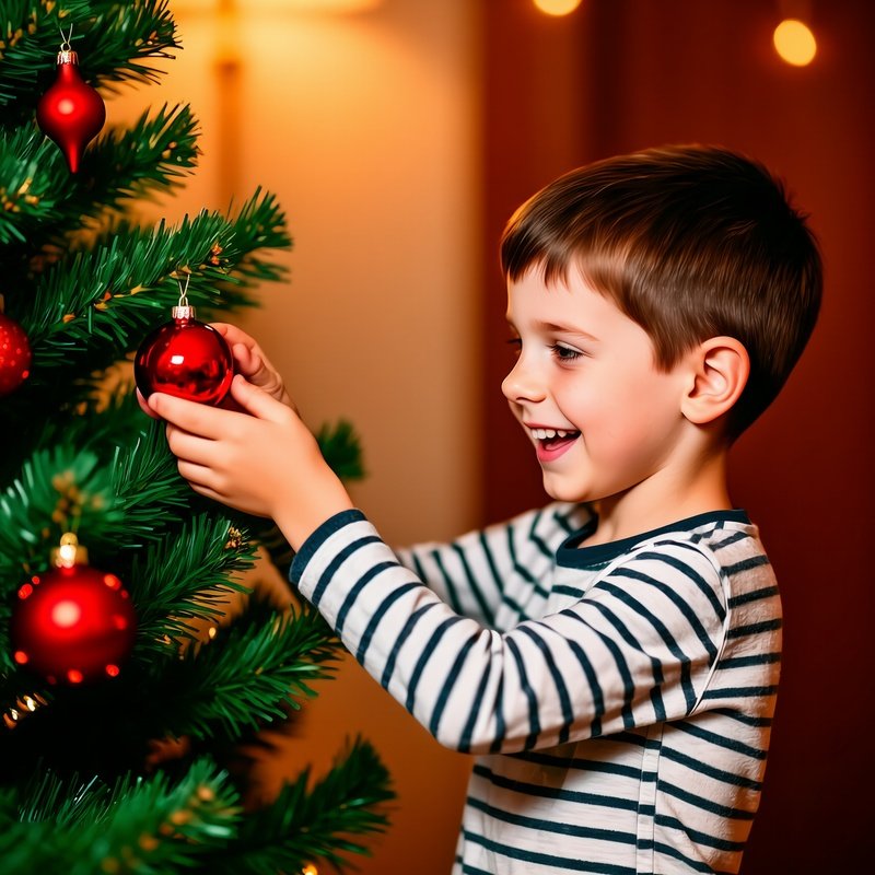 A Young Boy Decorating A Christmas Tree Christmas Holiday