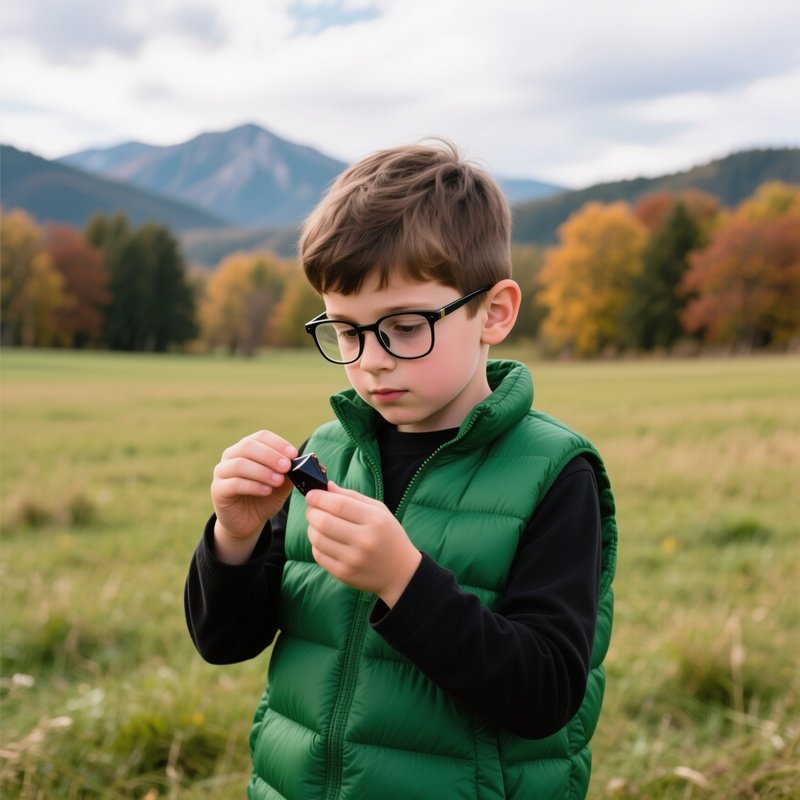 A Young Boy Examining A Small Object Child Outdoors