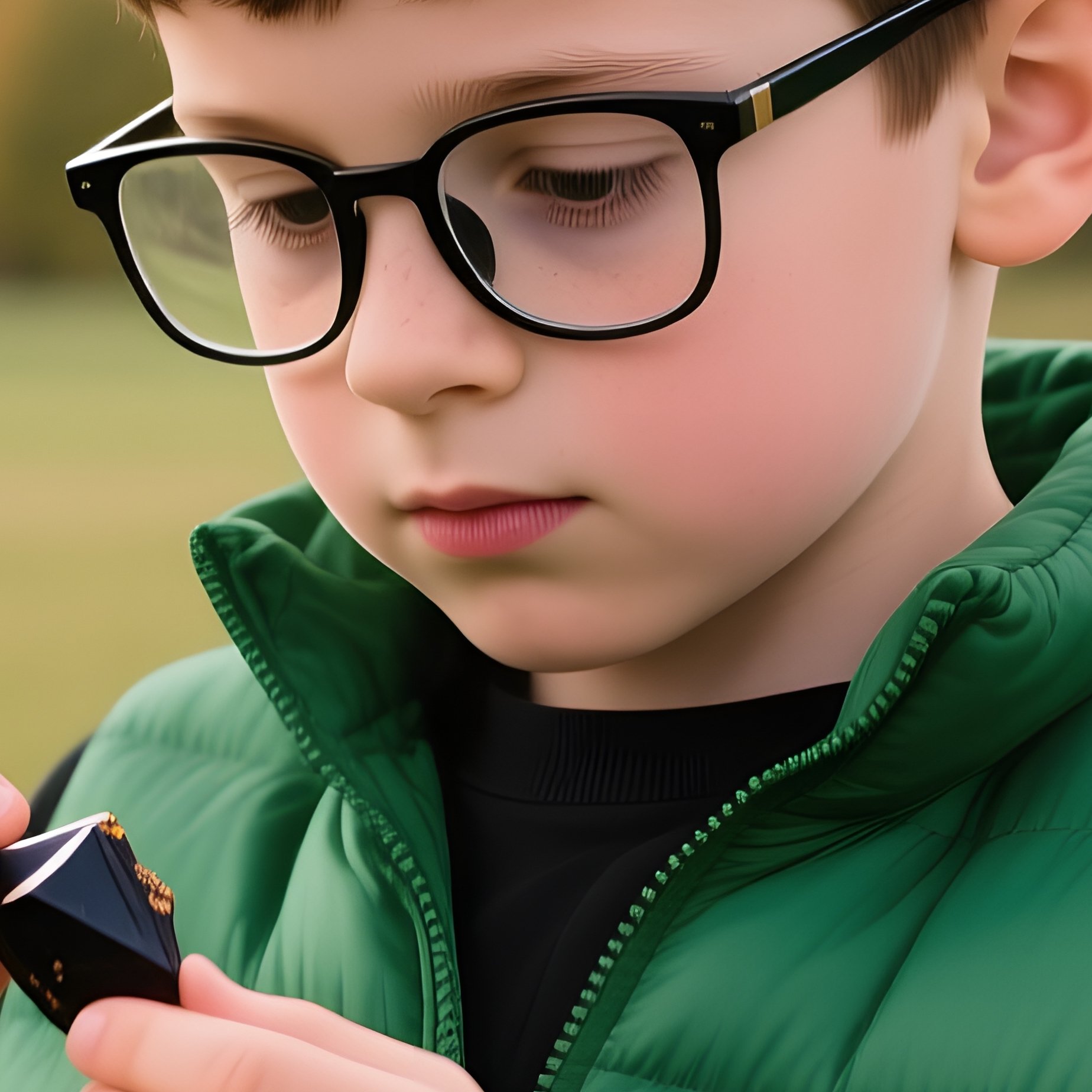 A Young Boy Examining A Small Object Child Outdoors - Full Resolution Quality Preview