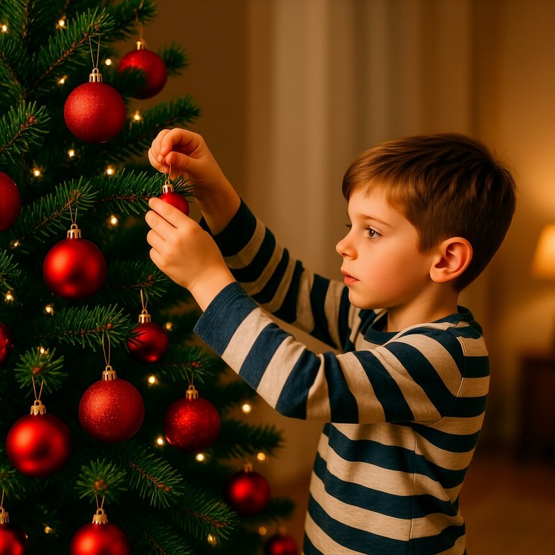 A Young Child Decorating A Christmas Tree Christmas Holiday