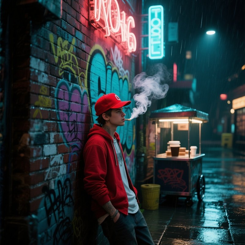 A Young Hipster In A Bright Red Snapback Leans Against A Graffiti‑Covered Brick Wall Under Neon