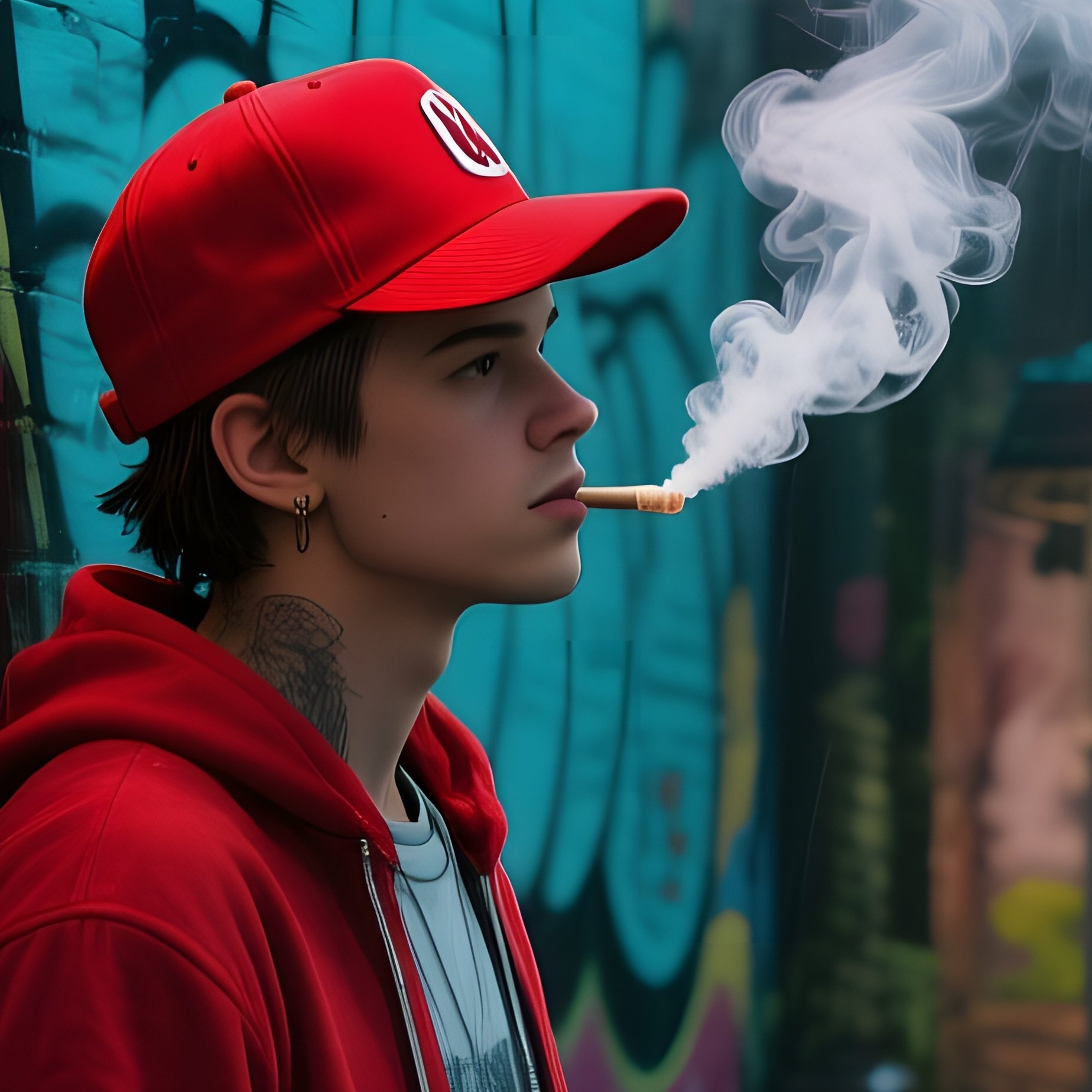 A Young Hipster In A Bright Red Snapback Leans Against A Graffiti‑Covered Brick Wall Under Neon - Full Resolution Quality Preview
