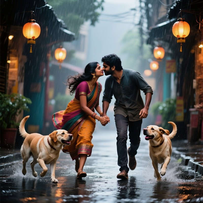 A Young Indian Couple Holding Hands While Their Two Playful Labradors Run Around Them; The Woman