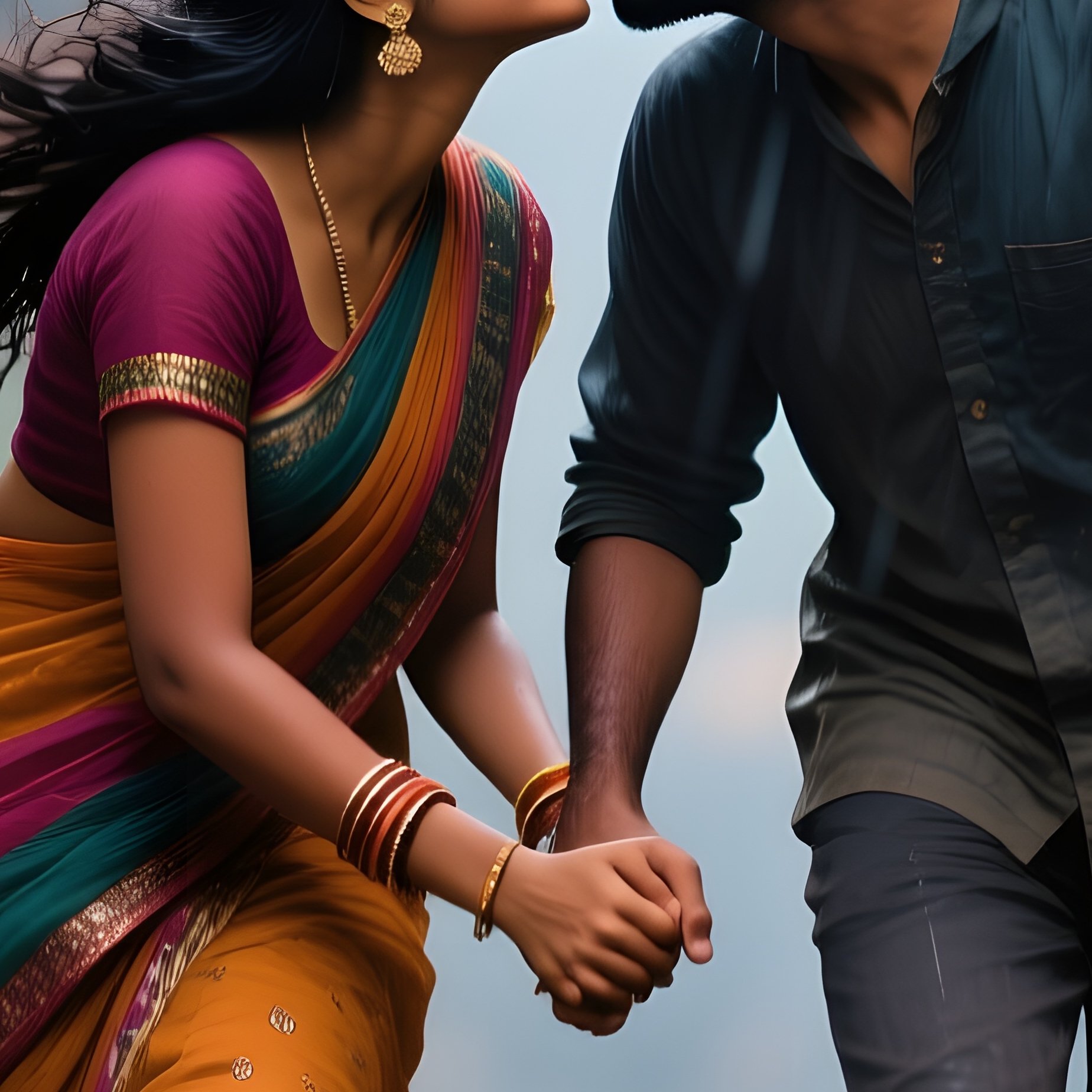 A Young Indian Couple Holding Hands While Their Two Playful Labradors Run Around Them; The Woman - Full Resolution Quality Preview