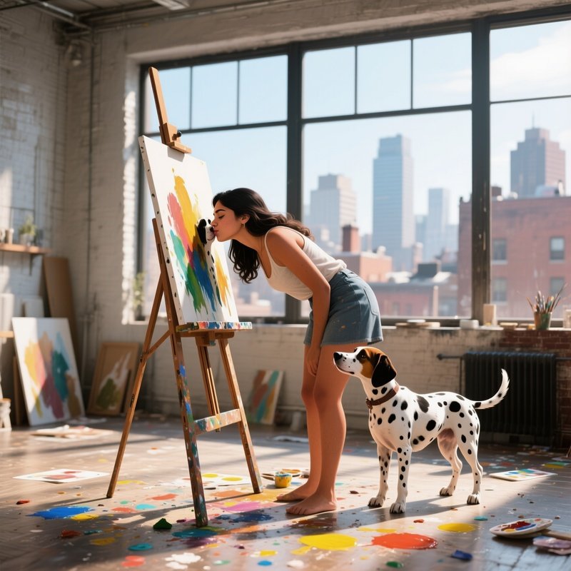 A Young Latina Artist Painting On An Easel In A Sunny Loft, Leaning Down To Give Her Spotted