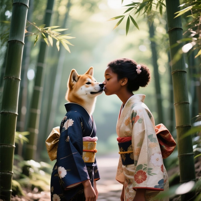 A Young Mixed‑Heritage (African‑American And Japanese) Girl In A Kimono Walking Through A Bamboo