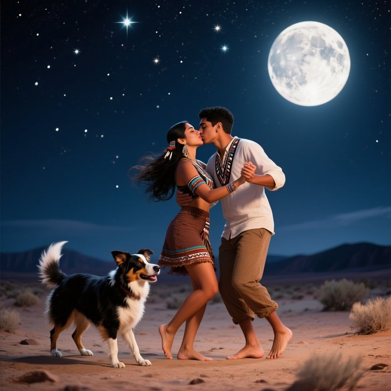 A Young Mixed‑Race (Latina And Native American) Couple Dancing Barefoot In A Desert Night Under A