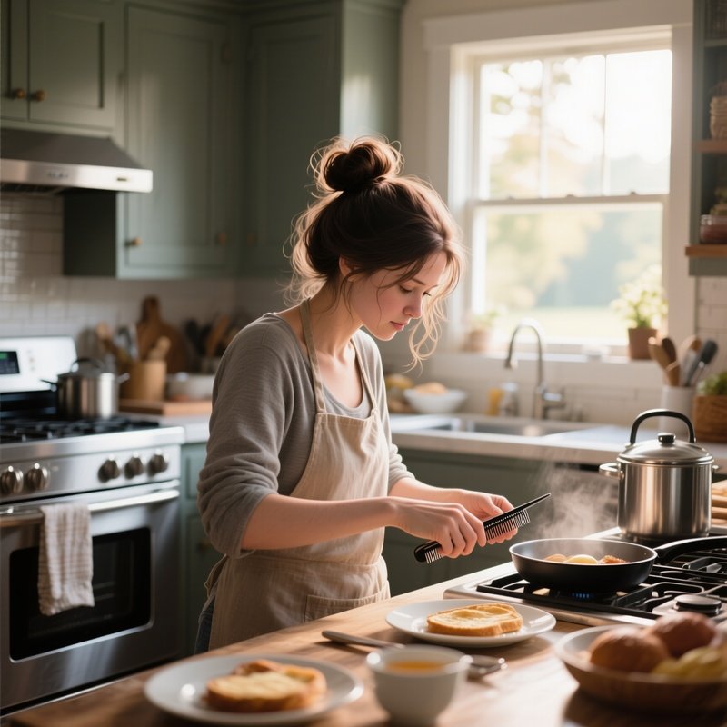 A Young Mother With A Messy Bun Gets A Quick Trim In A Bustling Kitchen While Cooking Breakfast,