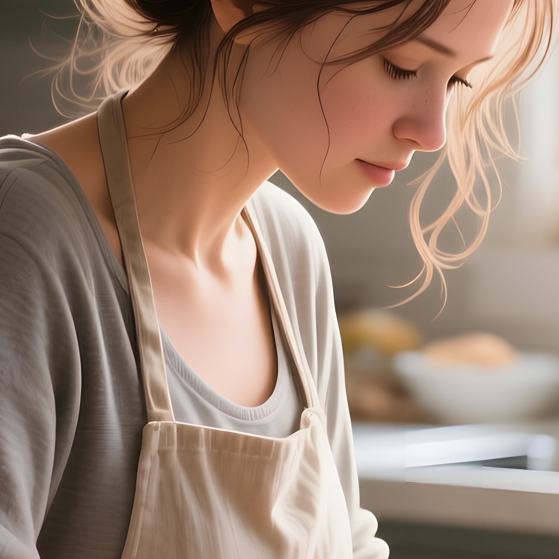 A Young Mother With A Messy Bun Gets A Quick Trim In A Bustling Kitchen While Cooking Breakfast, - Full Resolution Quality Preview