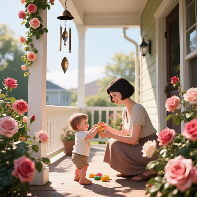 A Young Mother With A Quick Pixie Cut Plays With Her Toddler On A Sun‑Drenched Porch, Hanging Wind