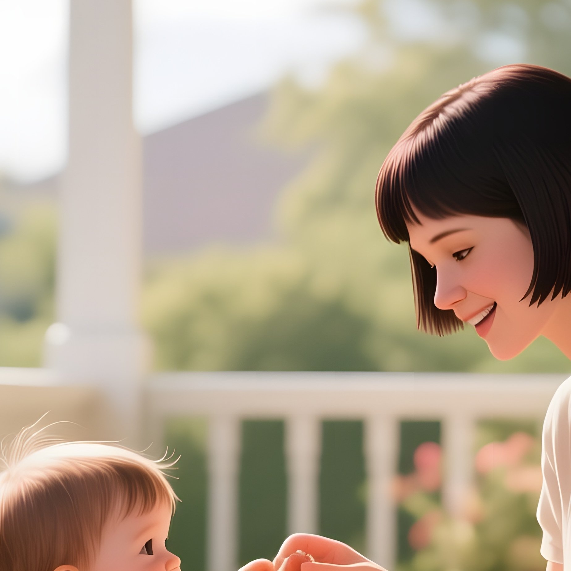 A Young Mother With A Quick Pixie Cut Plays With Her Toddler On A Sun‑Drenched Porch, Hanging Wind - Full Resolution Quality Preview