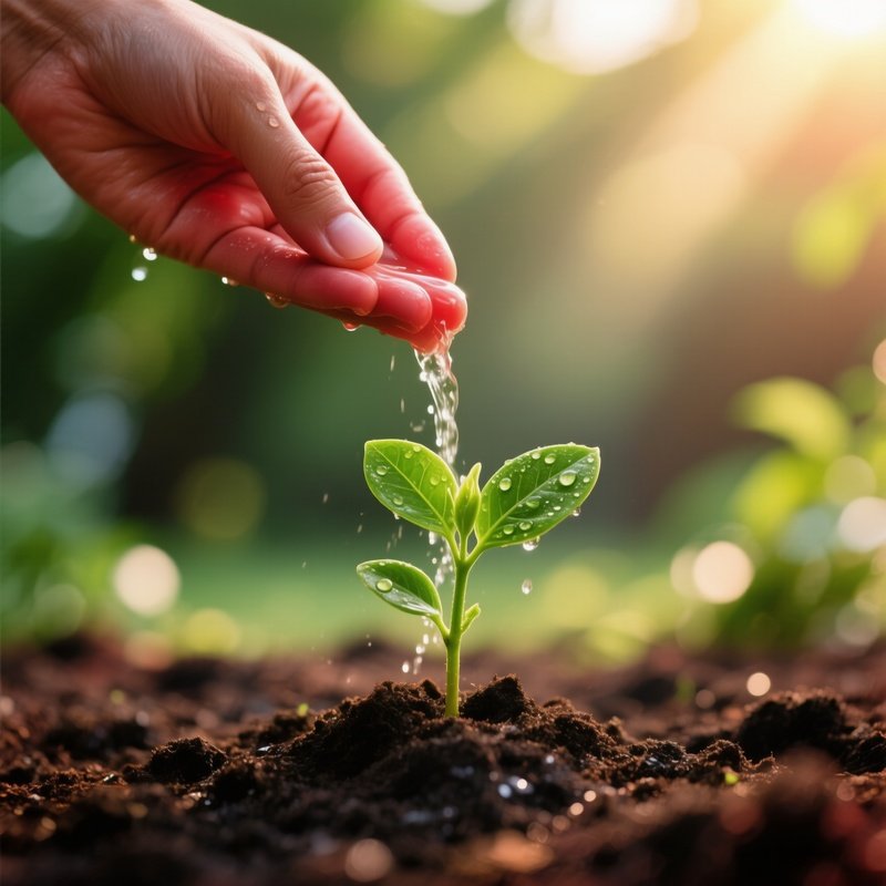 A Young Plant Being Watered By A Hand Nature Growth