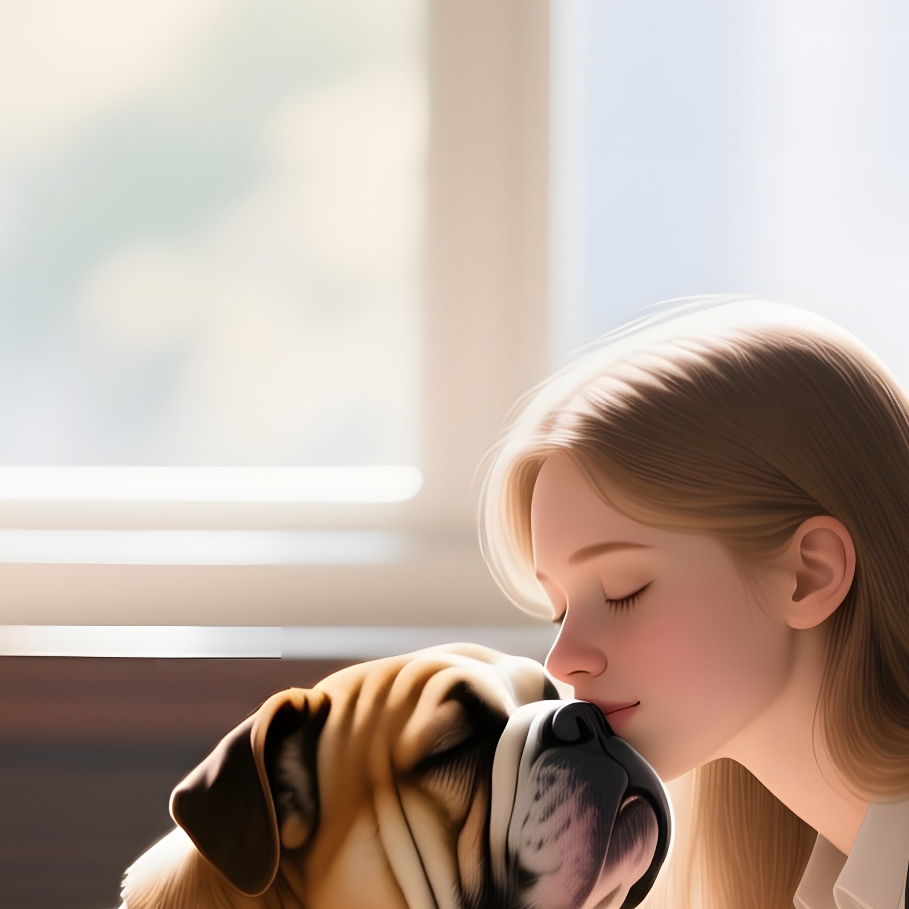 A Young White College Student In A Library Study Nook, Gently Kissing Her Sleepy English Bulldog’S - Full Resolution Quality Preview