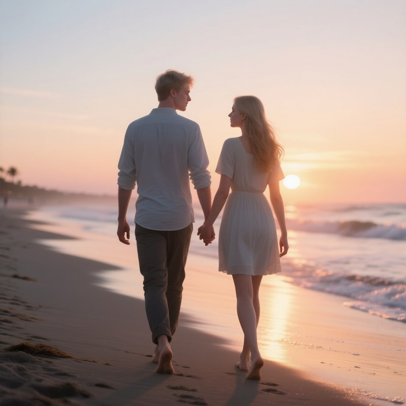A Young White Couple Walking Hand In Hand On A Beach At Sunset.