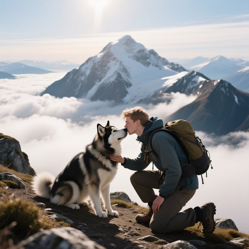 A Young White Man In Hiking Gear Reaching The Summit Of A Mountain Trail, Kneeling To Kiss His
