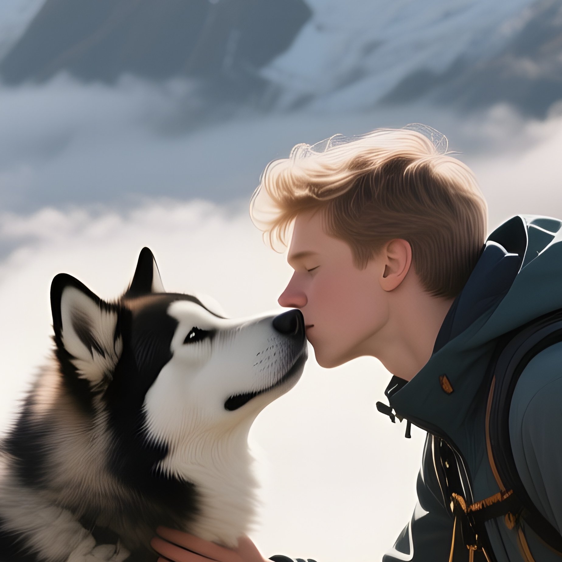 A Young White Man In Hiking Gear Reaching The Summit Of A Mountain Trail, Kneeling To Kiss His - Full Resolution Quality Preview