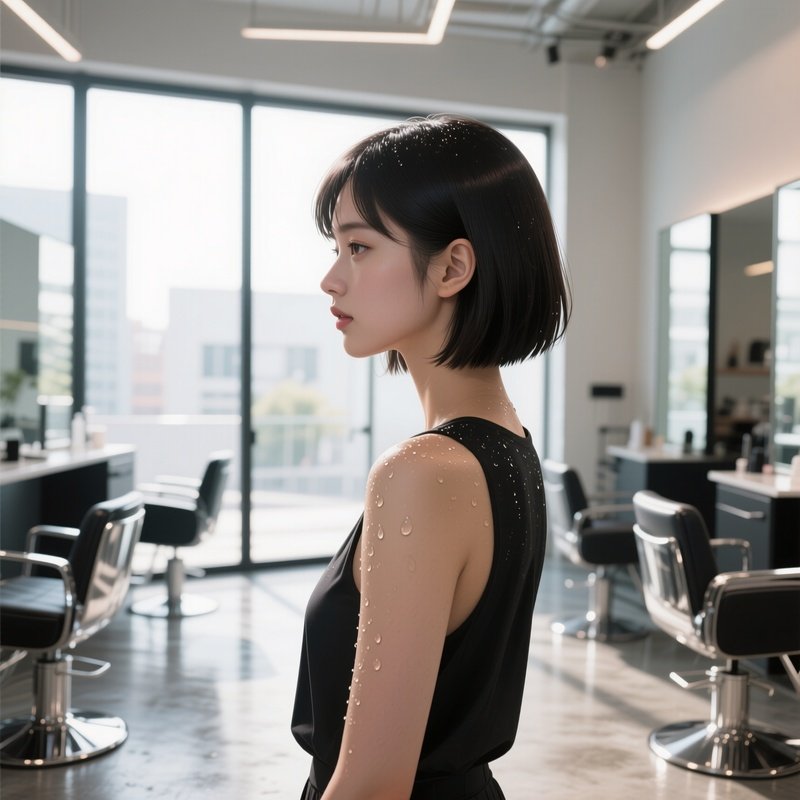 A Young Woman With A Sleek Bob Stands In A Sunlit Modern Salon, Natural Light Streaming Through