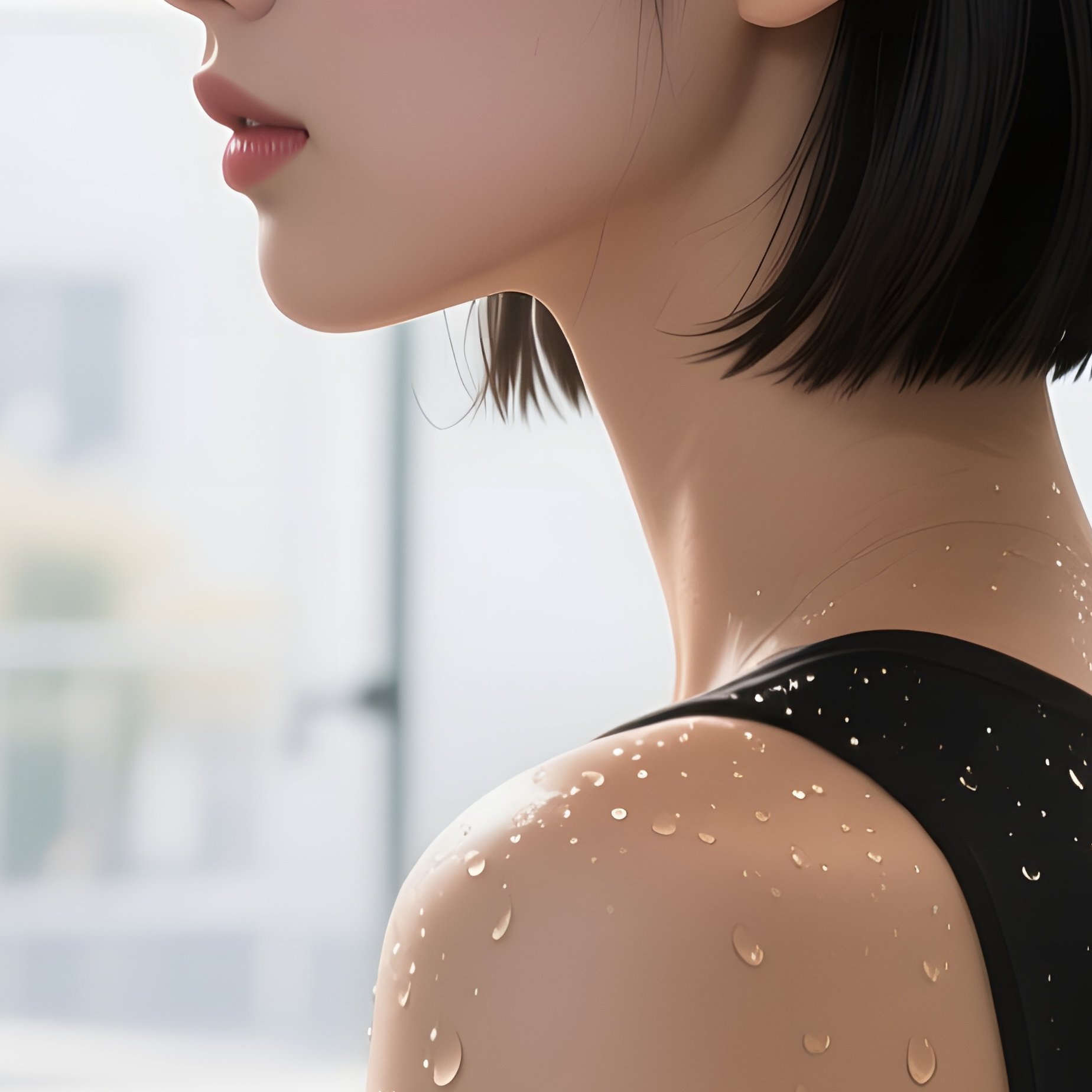 A Young Woman With A Sleek Bob Stands In A Sunlit Modern Salon, Natural Light Streaming Through - Full Resolution Quality Preview