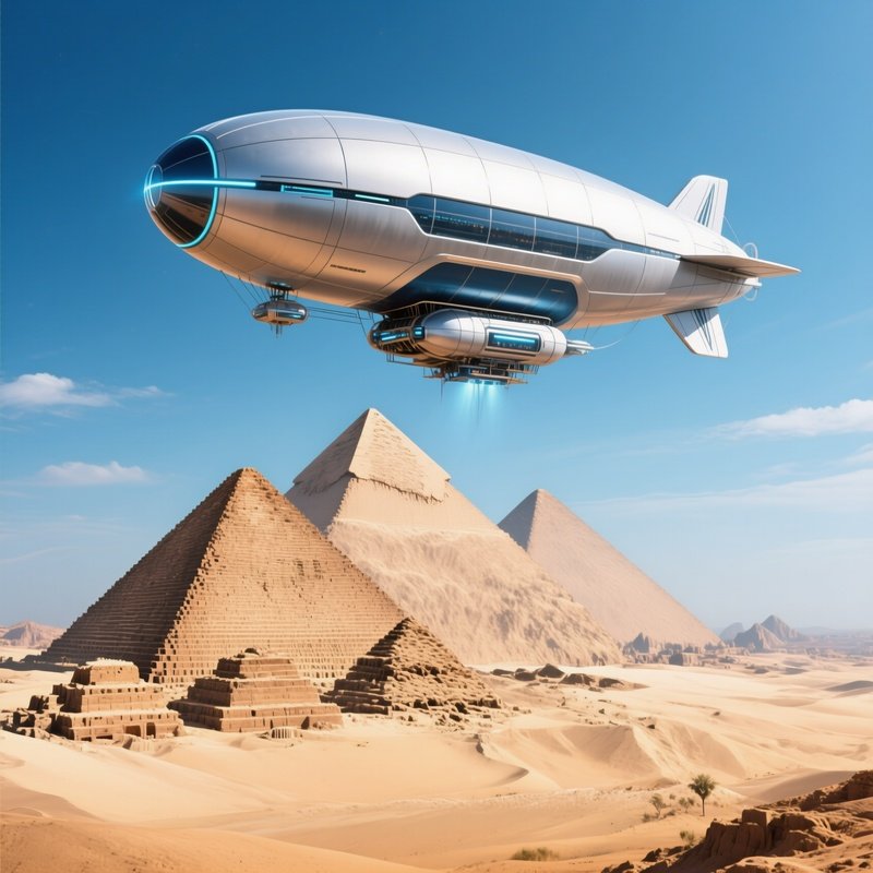 A Zeppelin Floating Above The Pyramids Futuristic Style