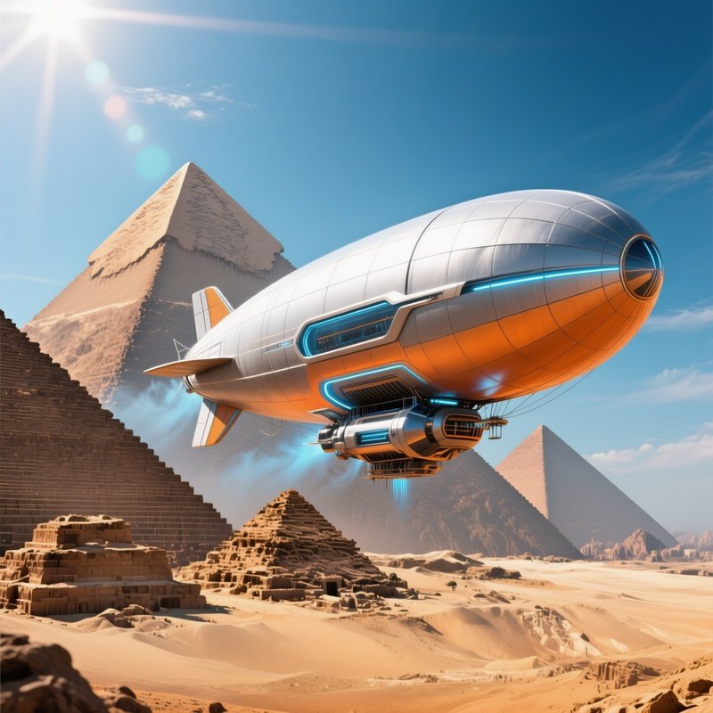 A Zeppelin Framed Between The Pyramids Sunlight Gleaming On Its Hull Science Fiction Image