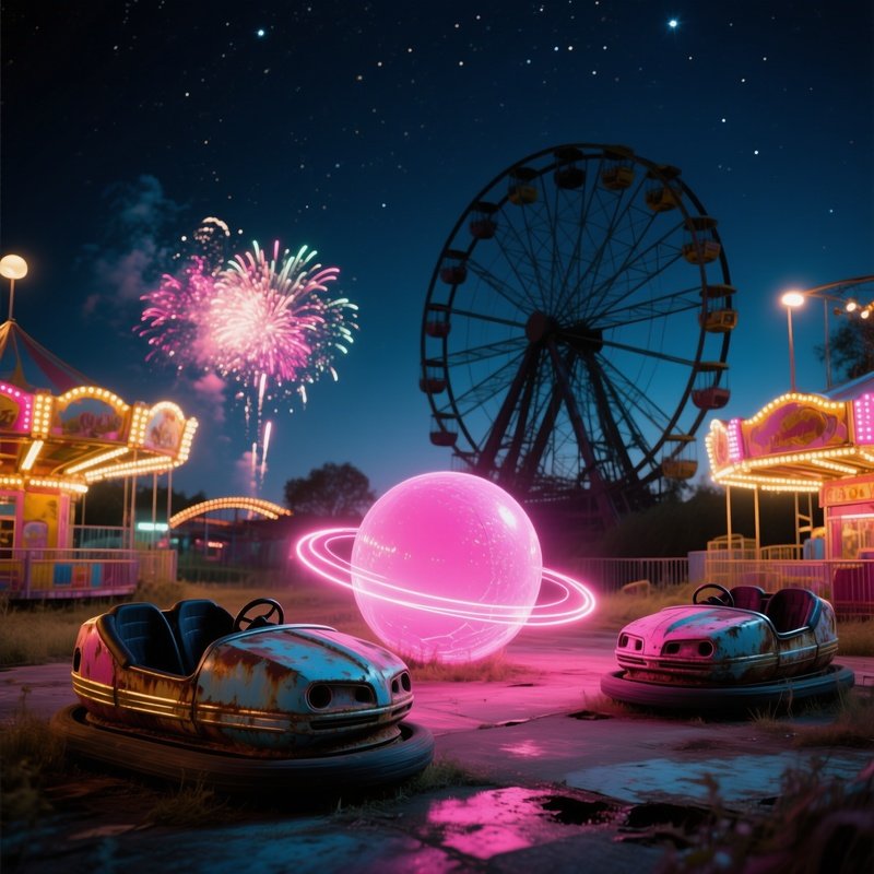 Abandoned Amusement Park Night Bumper Cars Pink Sphere Fireworks