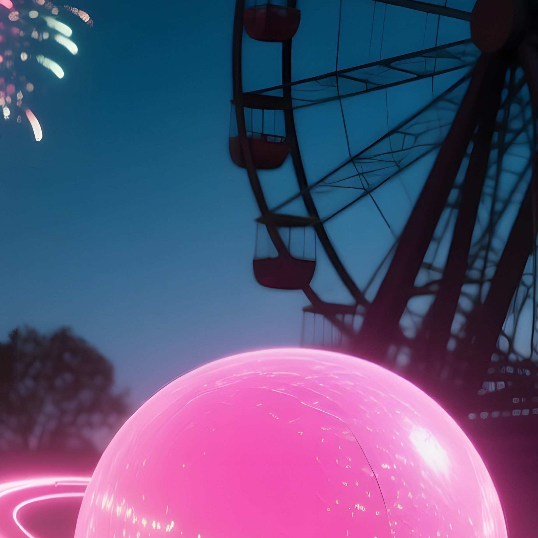 Abandoned Amusement Park Night Bumper Cars Pink Sphere Fireworks - Full Resolution Quality Preview