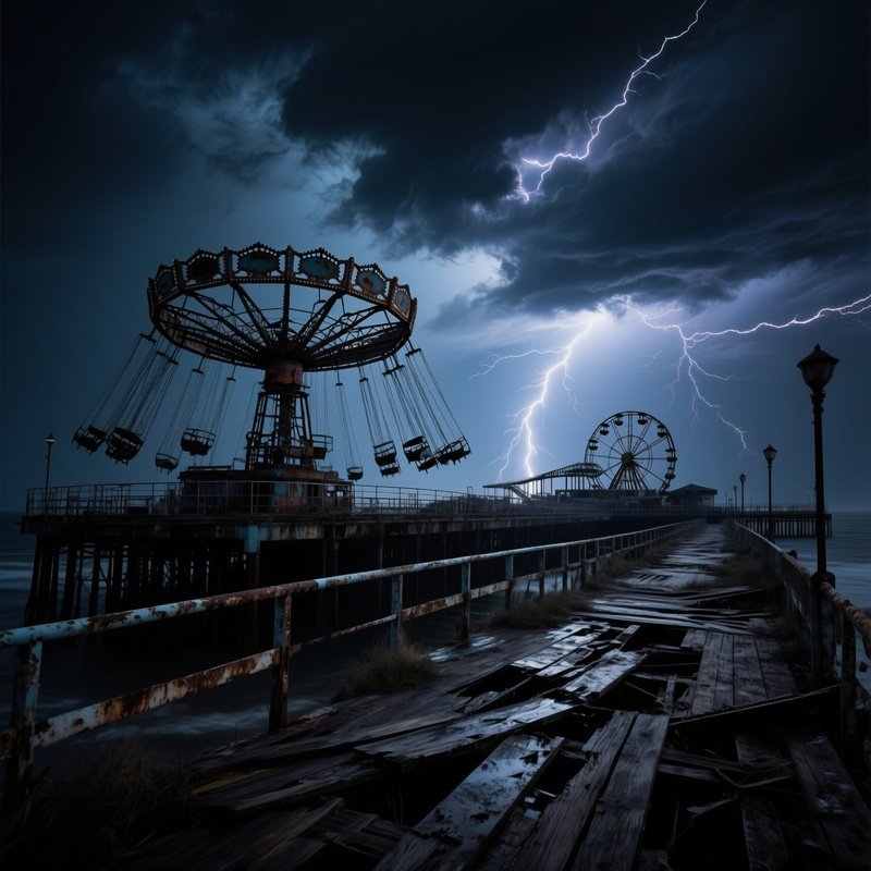 Abandoned Amusement Pier Stormy Night