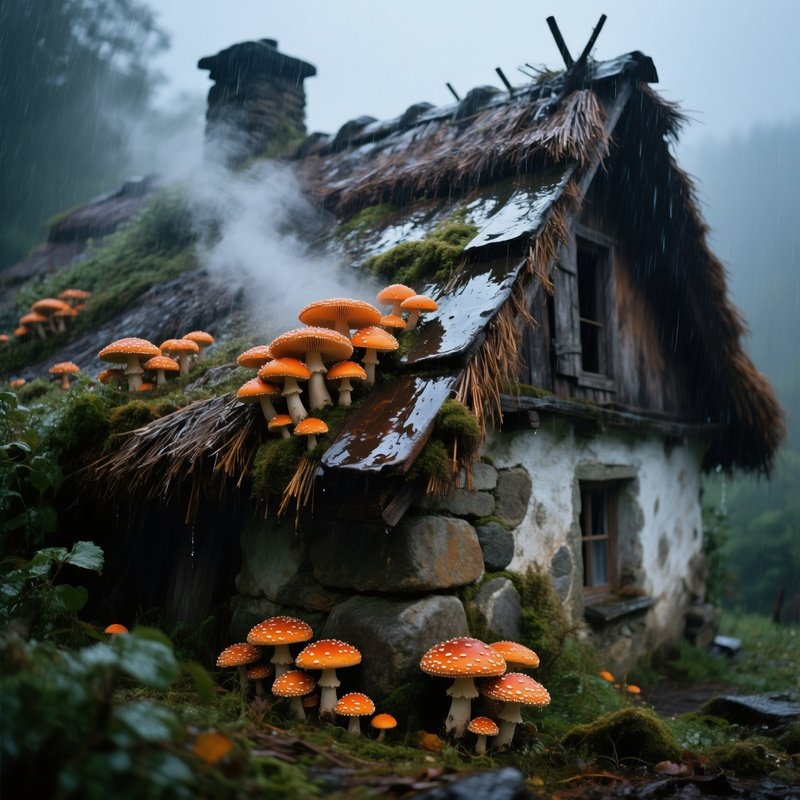 Abandoned Bavarian Cottage Roof With Oyster Mushrooms In Rain