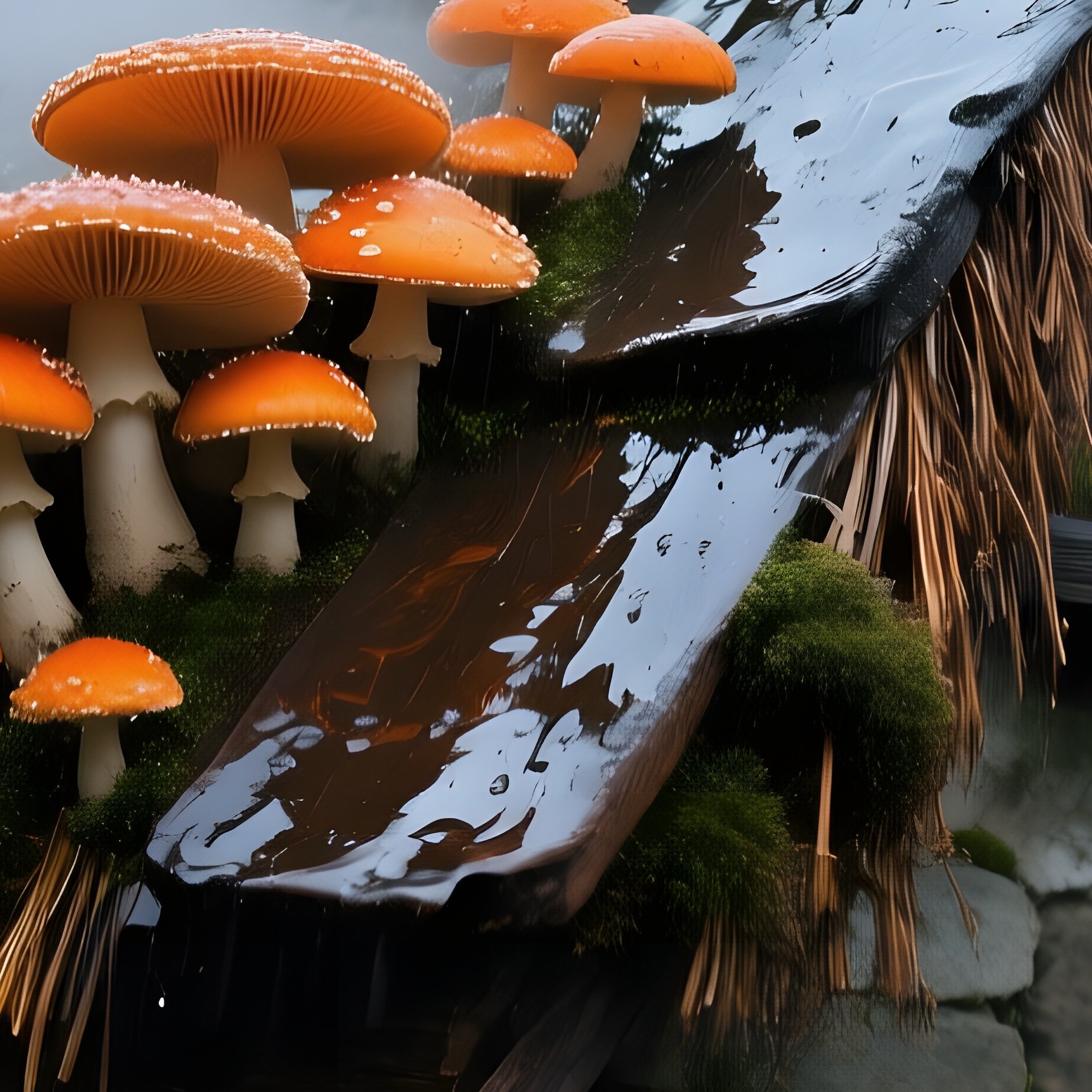 Abandoned Bavarian Cottage Roof With Oyster Mushrooms In Rain - Full Resolution Quality Preview