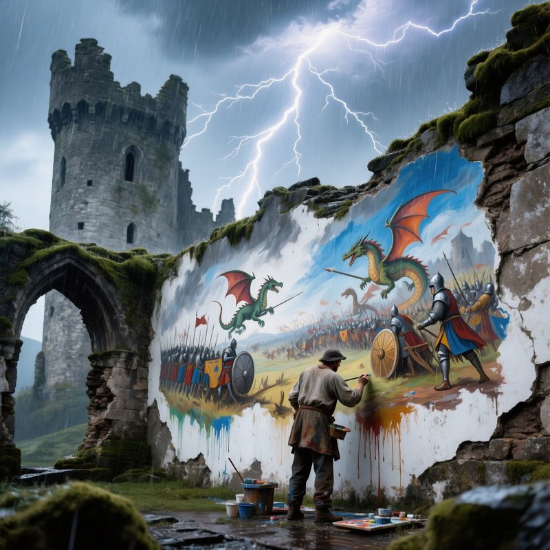 Abandoned Castle Under Stormy Clouds With Frescoist Painting