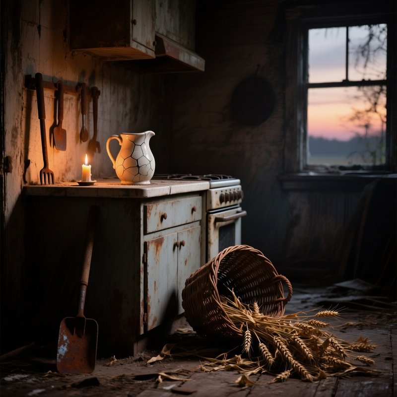 Abandoned Farmhouse Kitchen At Dusk