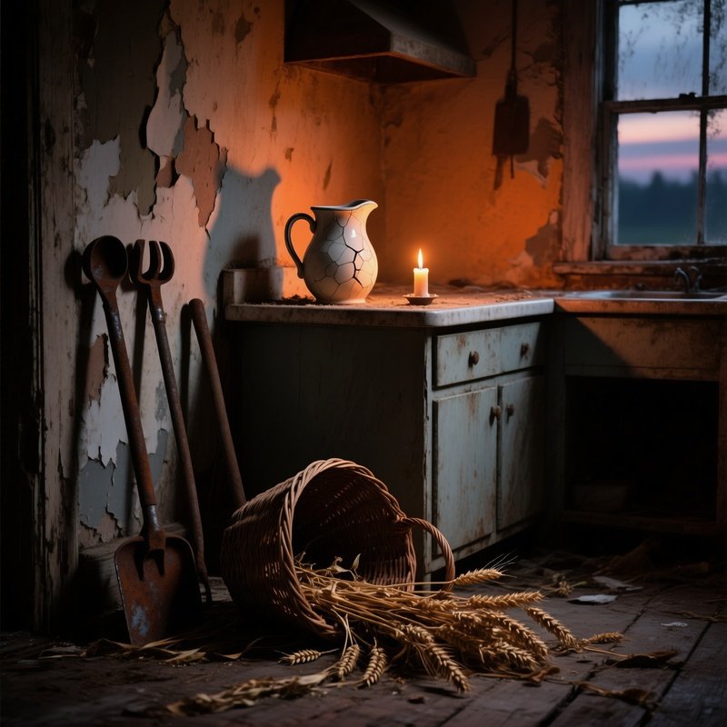 Abandoned Farmhouse Kitchen At Dusk