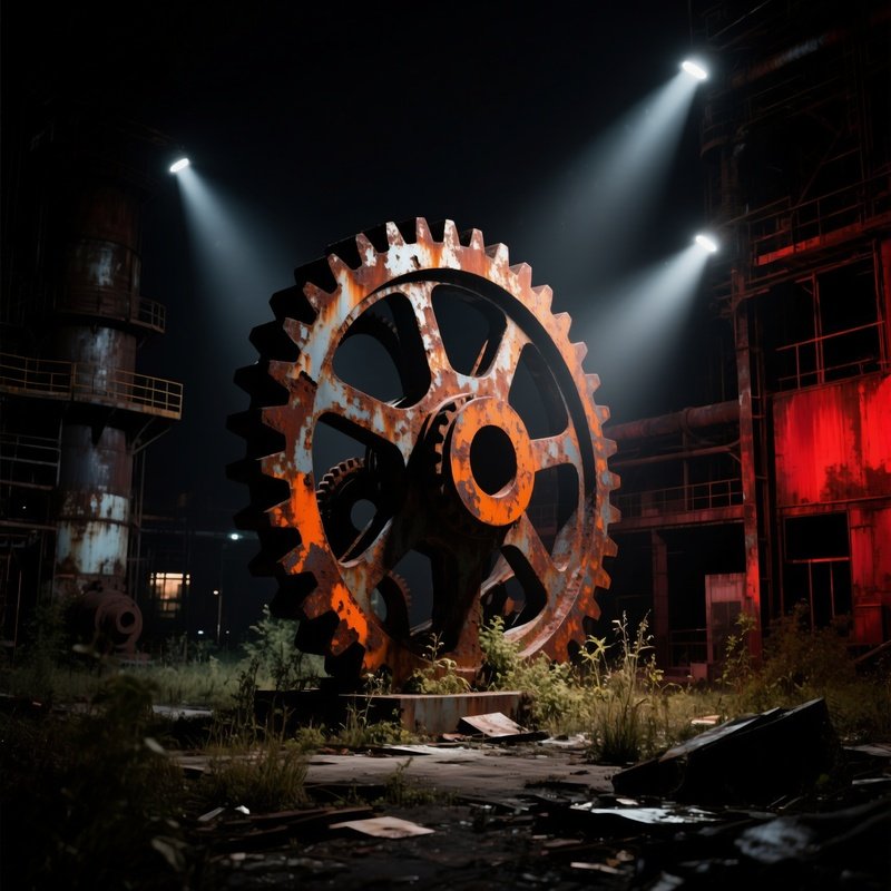 Abandoned Industrial Site Rusted Gear Sculpture