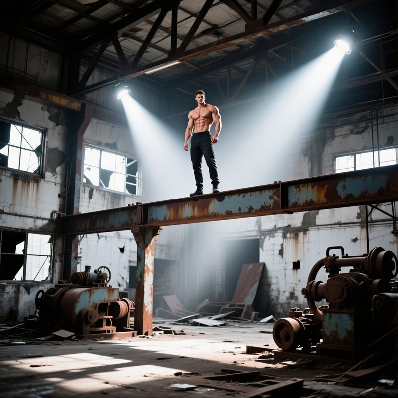 Abandoned Industrial Warehouse Muscular Model On Beam
