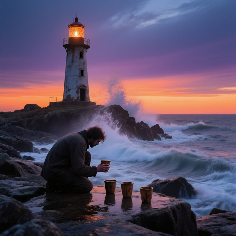 Abandoned Lighthouse At Dusk With Solitary Figure Playing Cup Game