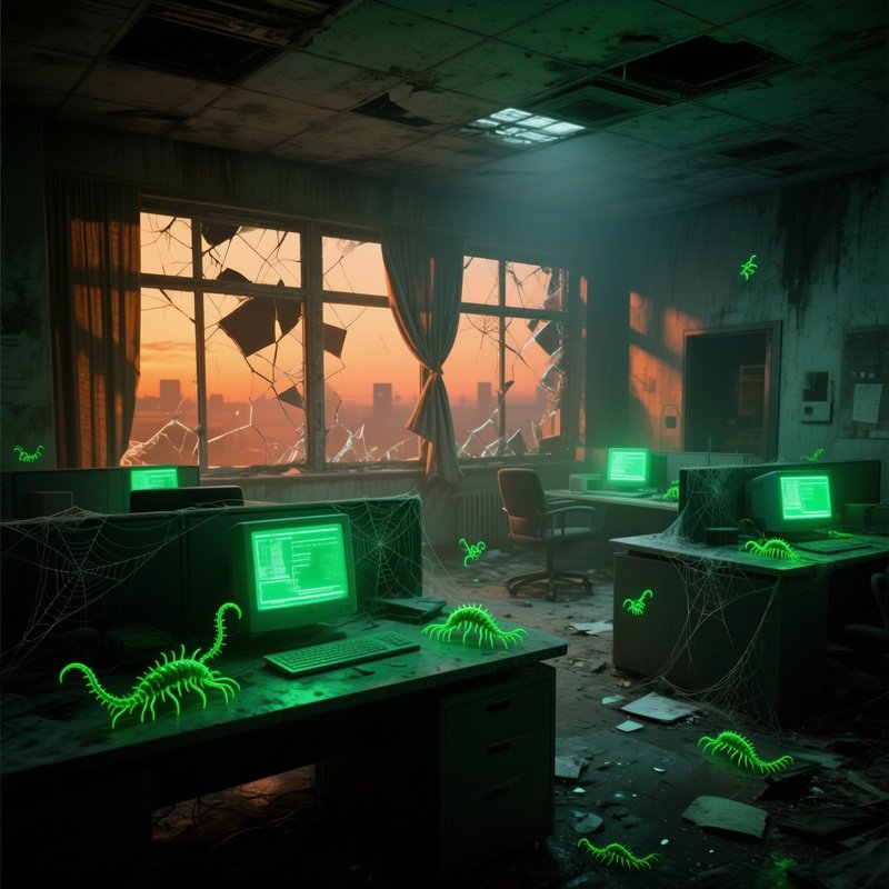 Abandoned Office Building At Dusk With Green Digital Parasites