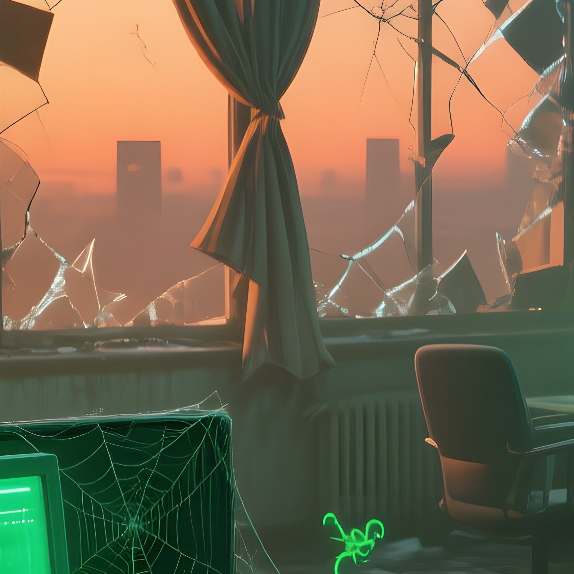 Abandoned Office Building At Dusk With Green Digital Parasites - Full Resolution Quality Preview