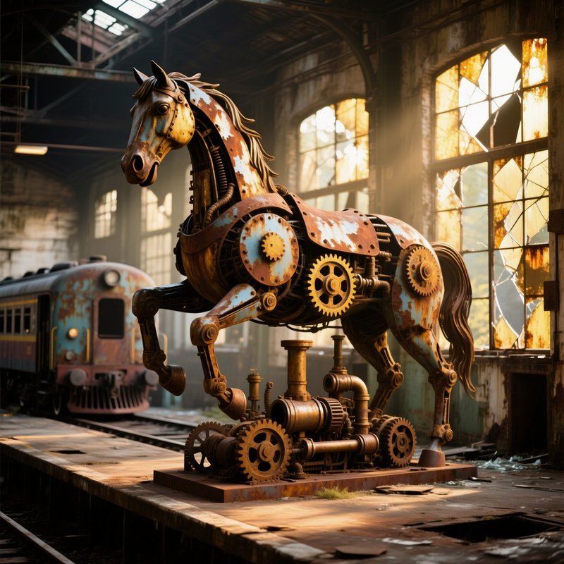 Abandoned Train Depot Art Space Mechanical Horse Sculpture